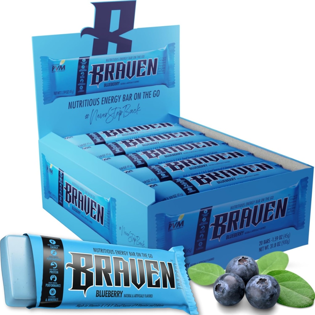 Bary energetyczne Braven Bar Blueberry (1.59 oz, Pack of 20) - Przeżuwki energetyczne z 5 g białka - On- the- Przekąski energetyczne dla biegania, pieszych i sportowych - Gluten Free przekąski dla długotrwałego boost energii