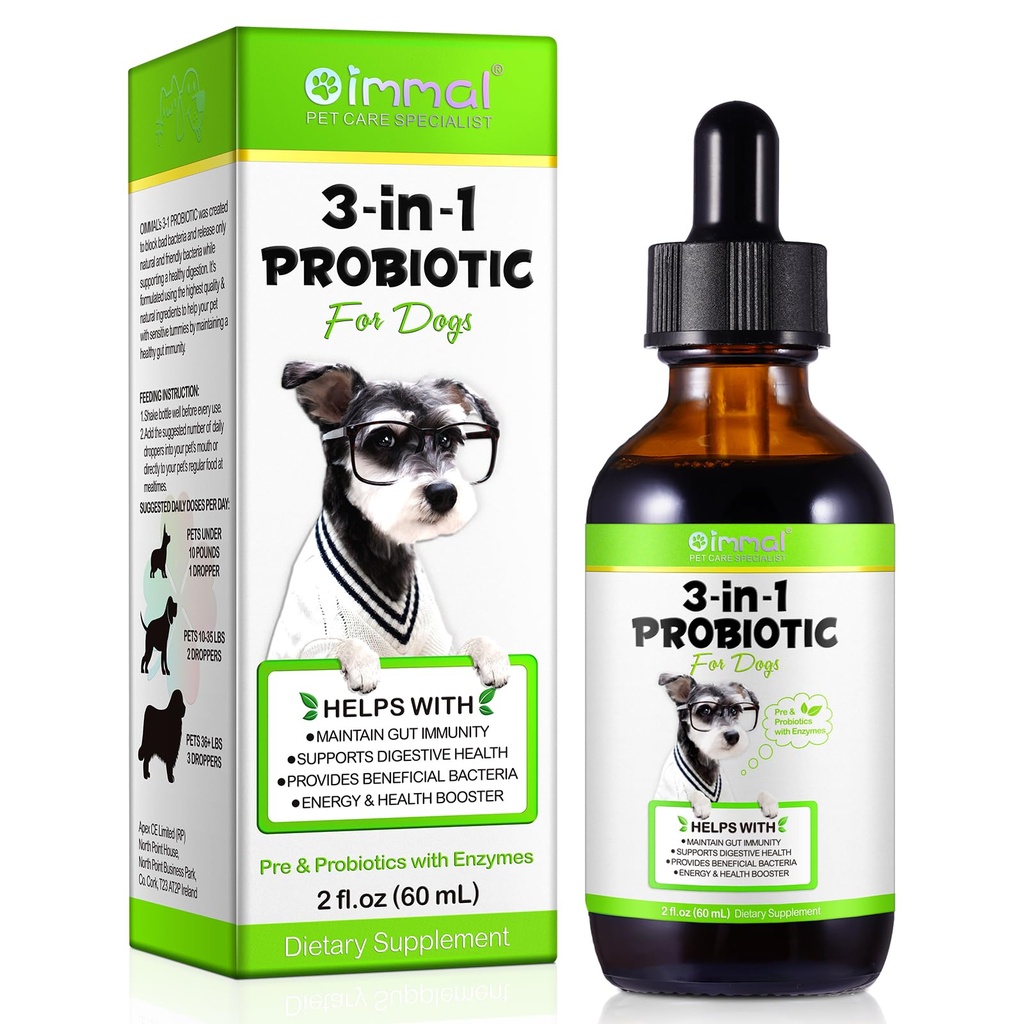 Probiotyk dla psów, Naturalny 3 w 1 Pies Probiotyczne Dropy pomaga Relieve Biegunka, Wspiera Gut Zdrowie, Swędząca Skóra, Alergie, Immunitet, Enzym do suplementu psów, Bacon Flavor - 60ml / 2 fl.oz