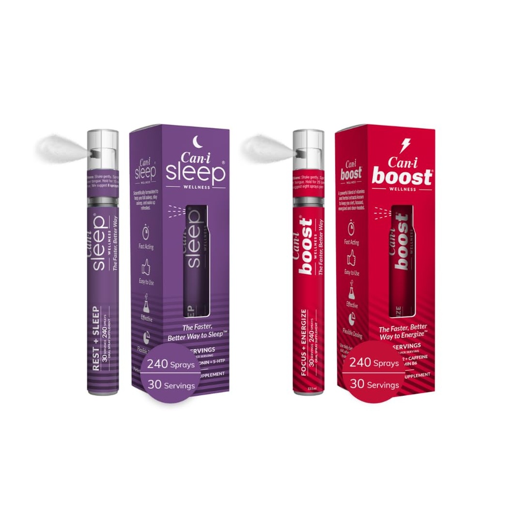 Can- i Wellness Fast- Acting Oral Spray Bundle - Natural Sleep Supplement with Melatonin i GABA, Daily Energy Support with B12, Ubiquinol i Caepine - Vegan Formula, Przenośny, Przyjazny dla podróżujących spray