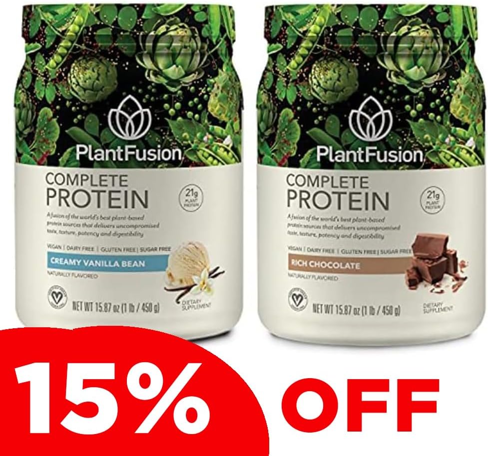 PlantFusion Complete Plant Based Pea Protein Powder Bundle, Non-GMO, Wegan, Dairy Free, Gluten Free, Soy Free, Allergy Free w / Enzymy Digestive, Suplement diety, Vanilla Fasola i czekolada 1 funt