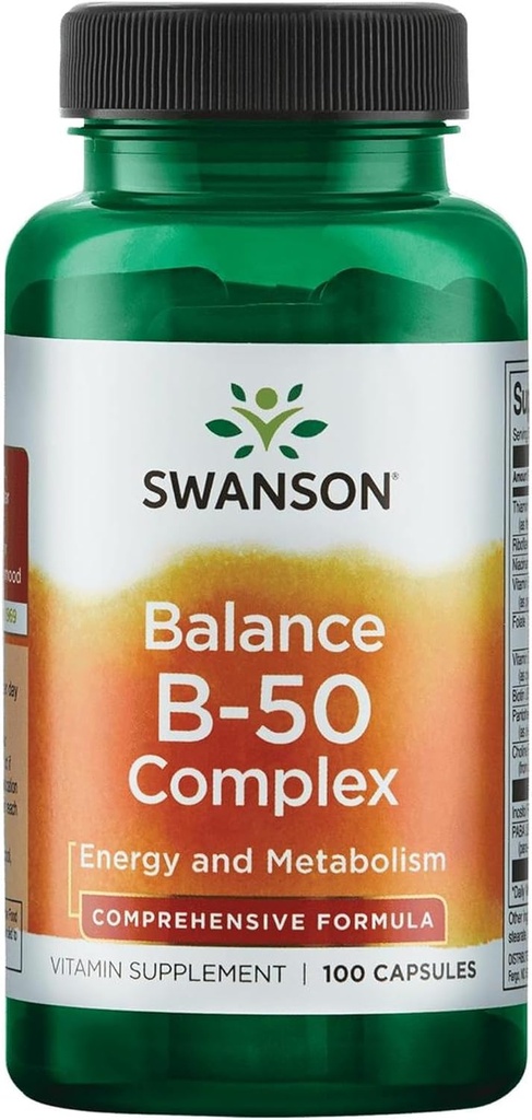 Swanson B- 50 Complex - Suplement witaminy Promowanie energii i Metabolizm Wsparcie - Może wspierać Heart Health, Pamięć i Wsparcie - (100 kapsułki)
