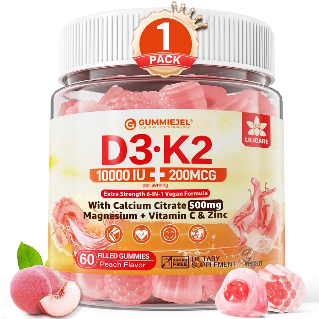 Witamina D3 K2 Gumiaki 5000j. m. / 10 000 j. m. z 500 mg wapnia + K2 (MK- 7) 200mcg, magnez, witamina C i cynk, dodatkowa siła - Ostateczna Absorbcja Kości, Mięśnie, Zęby, Wegan, 60 Ilość (Opakowanie po 1)