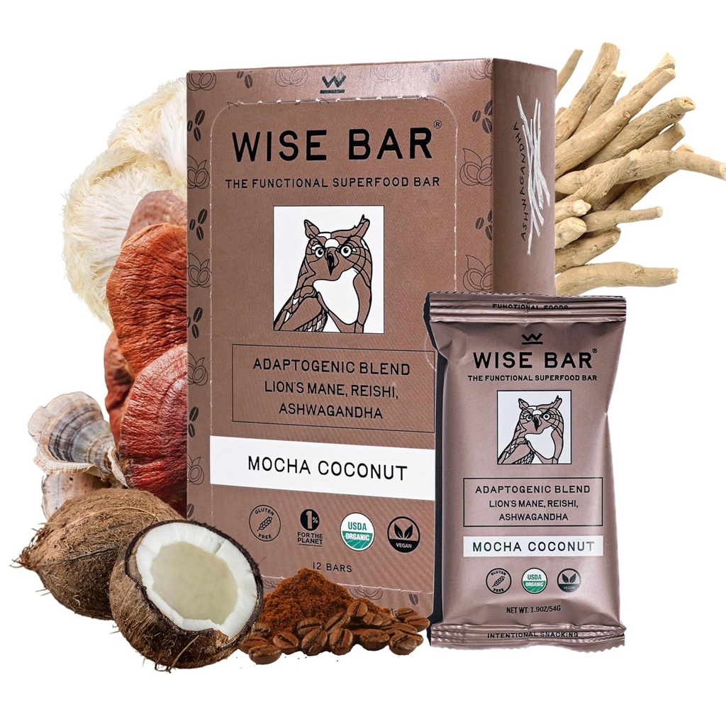 Wise Bar Adaptogen Mushroom Nutrition Bars z Reishi, Lions Mane & Ashwagandha, Organic Vegan & Gluten Free przekąski dla naturalnego skupienia, Energia & Wsparcie odporności, Mocha Kokosowy Flavor, 12 Hrabia