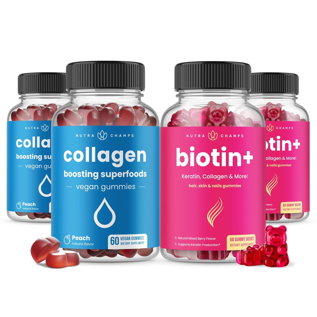 NutraChamps Complete Hair, Skin & Nails Bundle. Biotin, Kolagen, Keratyna