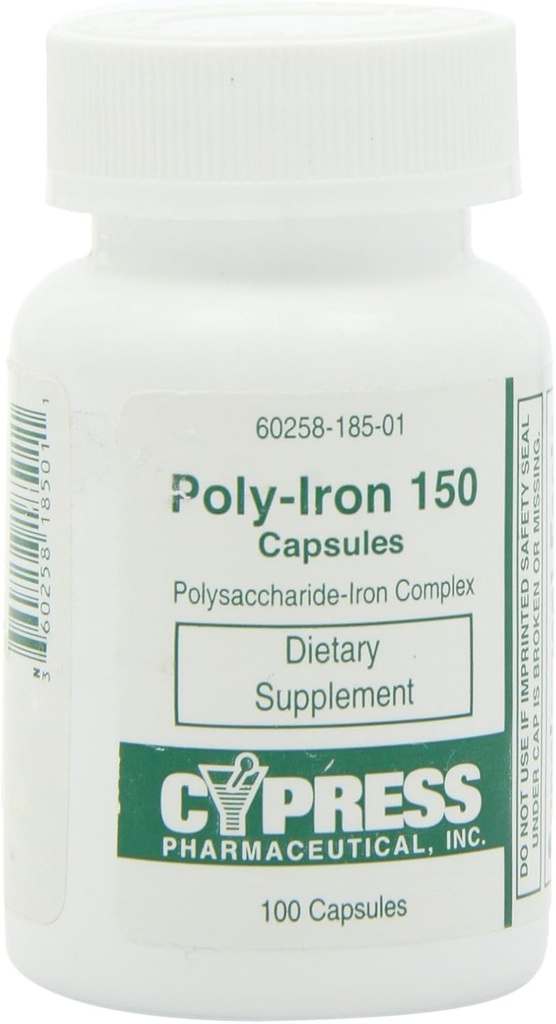Suplement diety - Poli Żelazo kapsułki 150 mg (100 kapsli na butelkę) przez Cypress Pharmaceutical # 185- 01 (1 butelka po 100 kapsli)