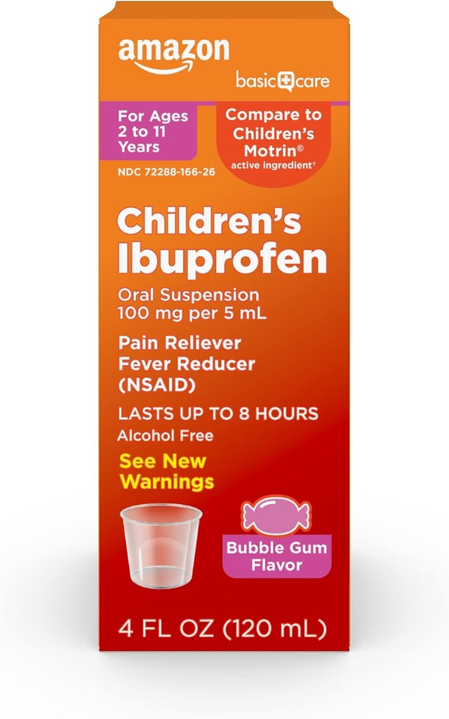 Opieka podstawowa Zawiesina doustna Ibuprofen dla dzieci, 100 mg, Bubblegum, 4 fl oz (opakowanie po 1)