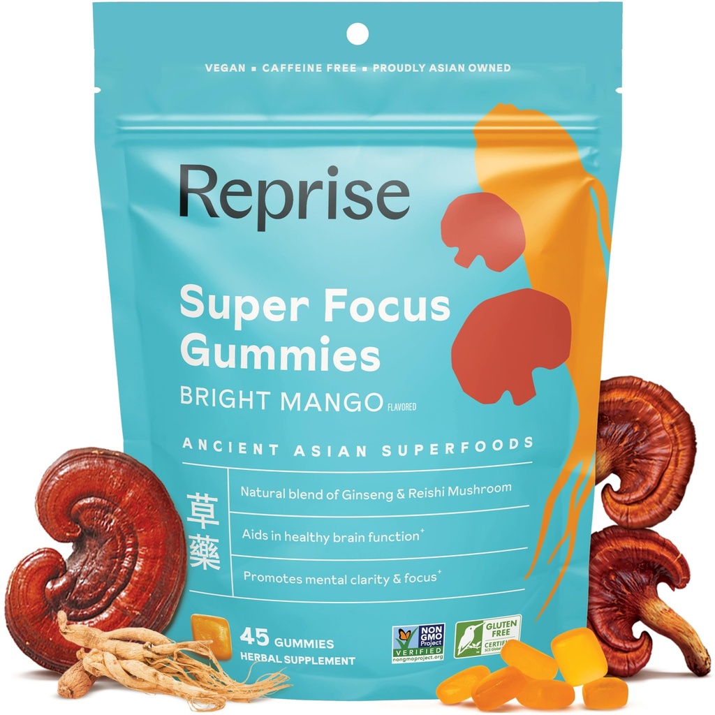 Focus Gummies dla dorosłych 124; American & Korean Ginseng z Reishi Mushroom ekstrakty 124; All Natural Gummies for Focus, Mood, and Energy 124; Mango Flavored 124; 45 Count