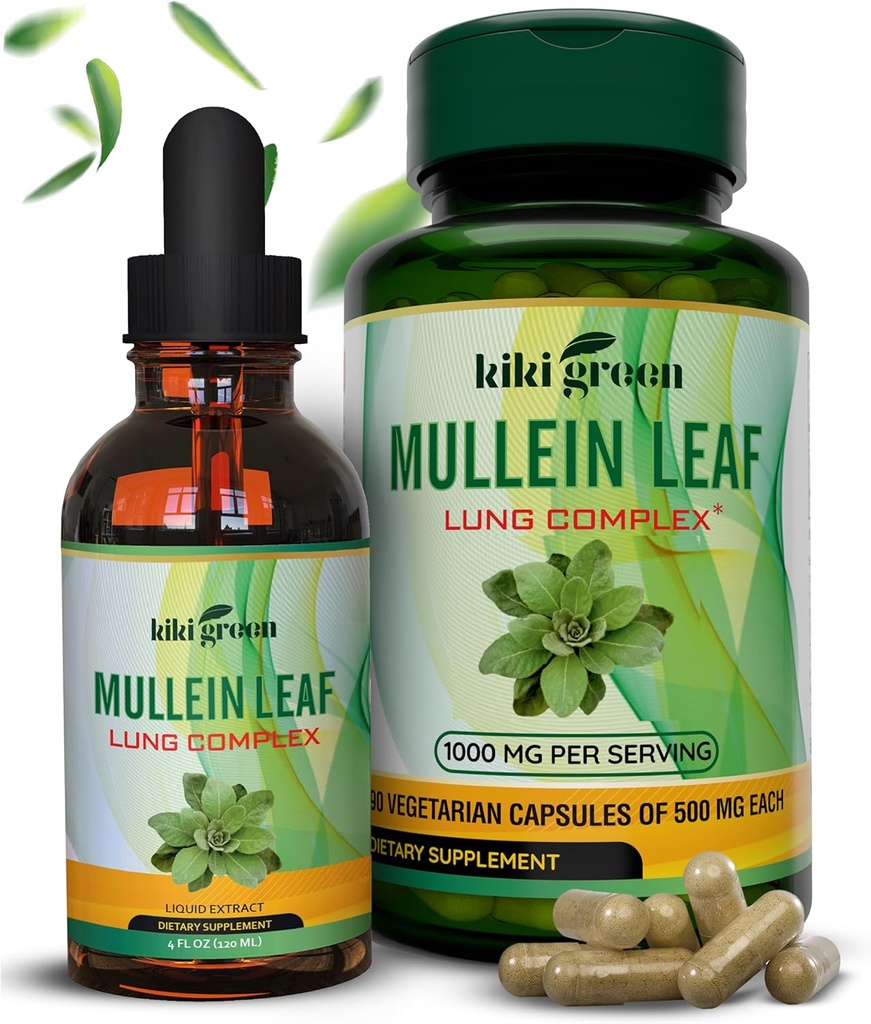 KIKI Green Mullein Kapsułki i płynne krople Bundle - Mullein Leaf Extract Supplements, 90 Kapsułki + 2 fl oz - do wspomagania układu oddechowego i odporności, Better Lung Function, Lung Cleanse & Relief