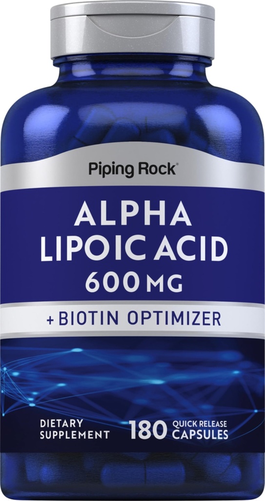 Piping Rock Alpha Lipoic Acid 600mg XI124; 180 kapsułki XI124; Plus Biotin Optimizer XI124; ALA Supplement XI124; Non-GMO, Gluten Free