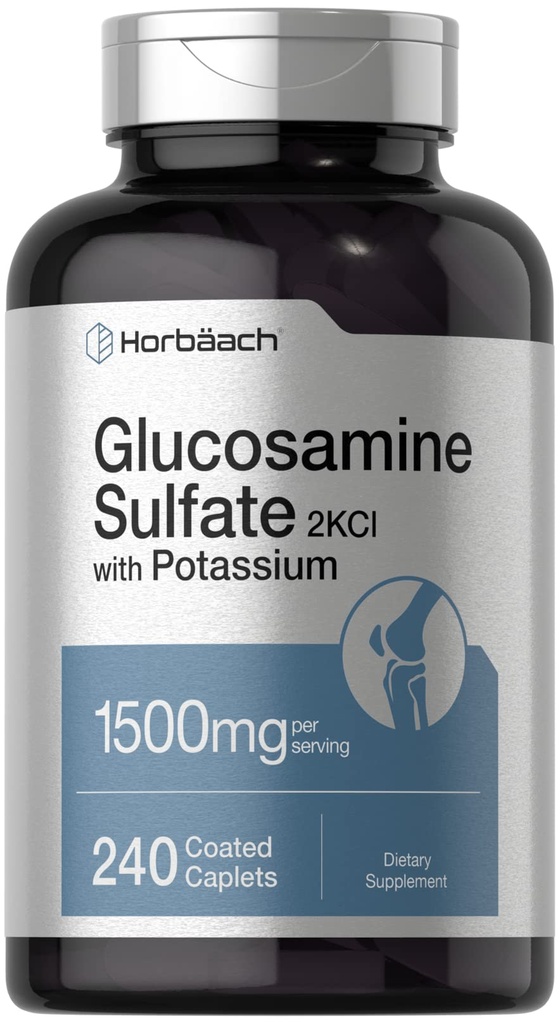 Horbäach Glukozamina Siarczan 1500mg XI124; 240 Caplets XI124; 2KCI z Potasu XI124; Non-GMO i Gluten