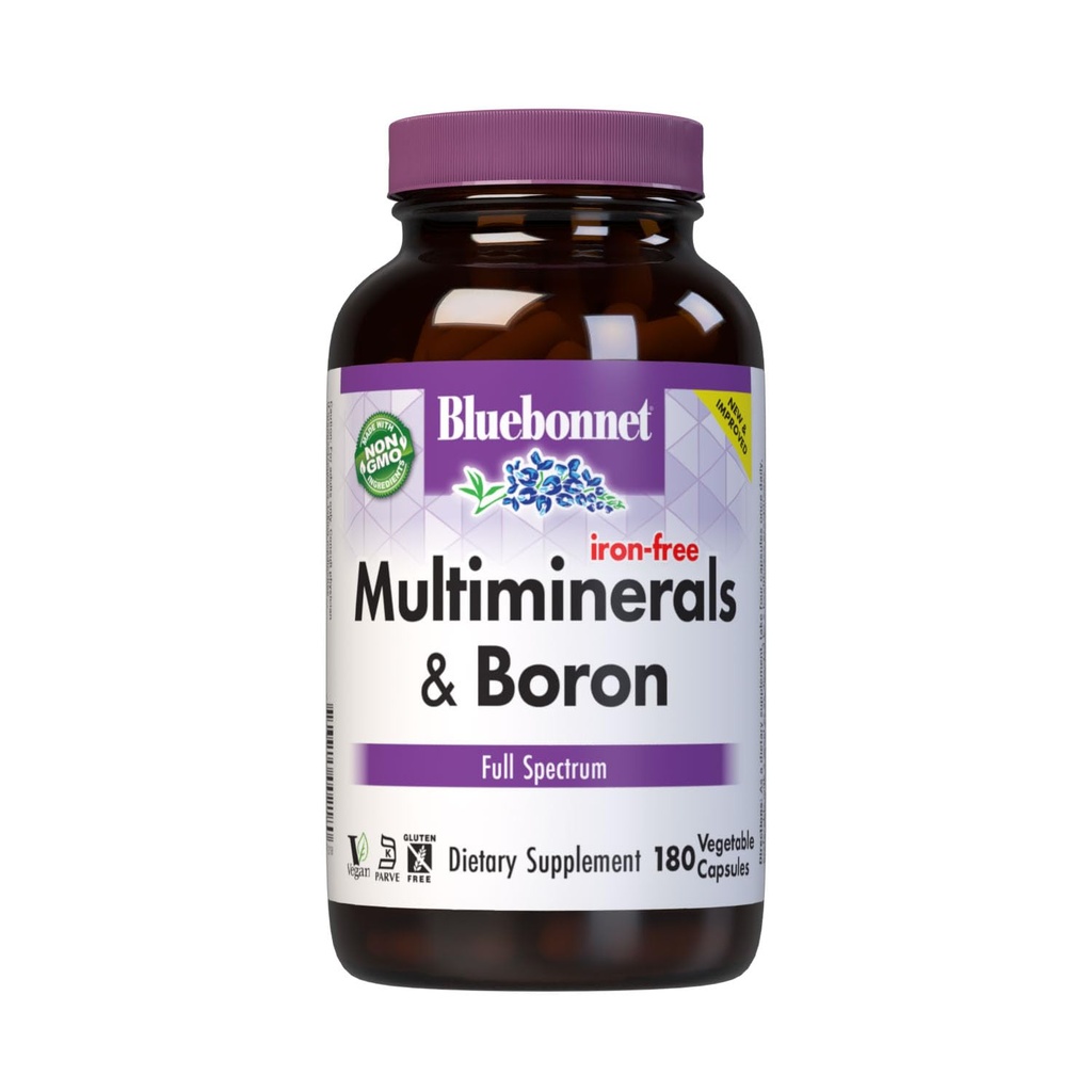 Bluebonnet Multi Minerals Supplement Plus Boron Chelated Magnezu Potasu Miedź Selenium Mangan Chrom & Cynk Complex for Women & Men - Nie Żelazo, Nie-GMO, Gluten- Free - 180 Kapsułki roślinne