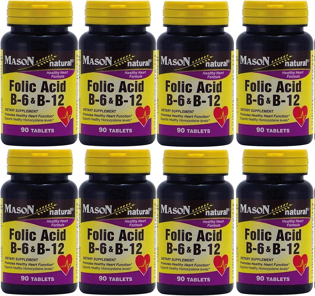 Mason Witaminy Kwas foliowy B- 6 & B12 Heart Health Formuła 90 Tabletki na butelkę Opakowanie 8 Razem 720 Tabletki
