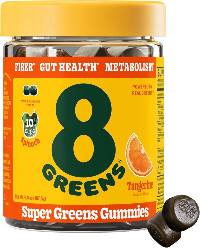 8Zielone Fiber Super Zielone Gummies 124; Fiber, Gut Health, Metabolizm. Digestive Health, Boost Immune System & Digestive Health z 8 Prawdziwych Zielonych - Non-GMO Formuła, Gummy, Tangerine Flavor, 50 Count