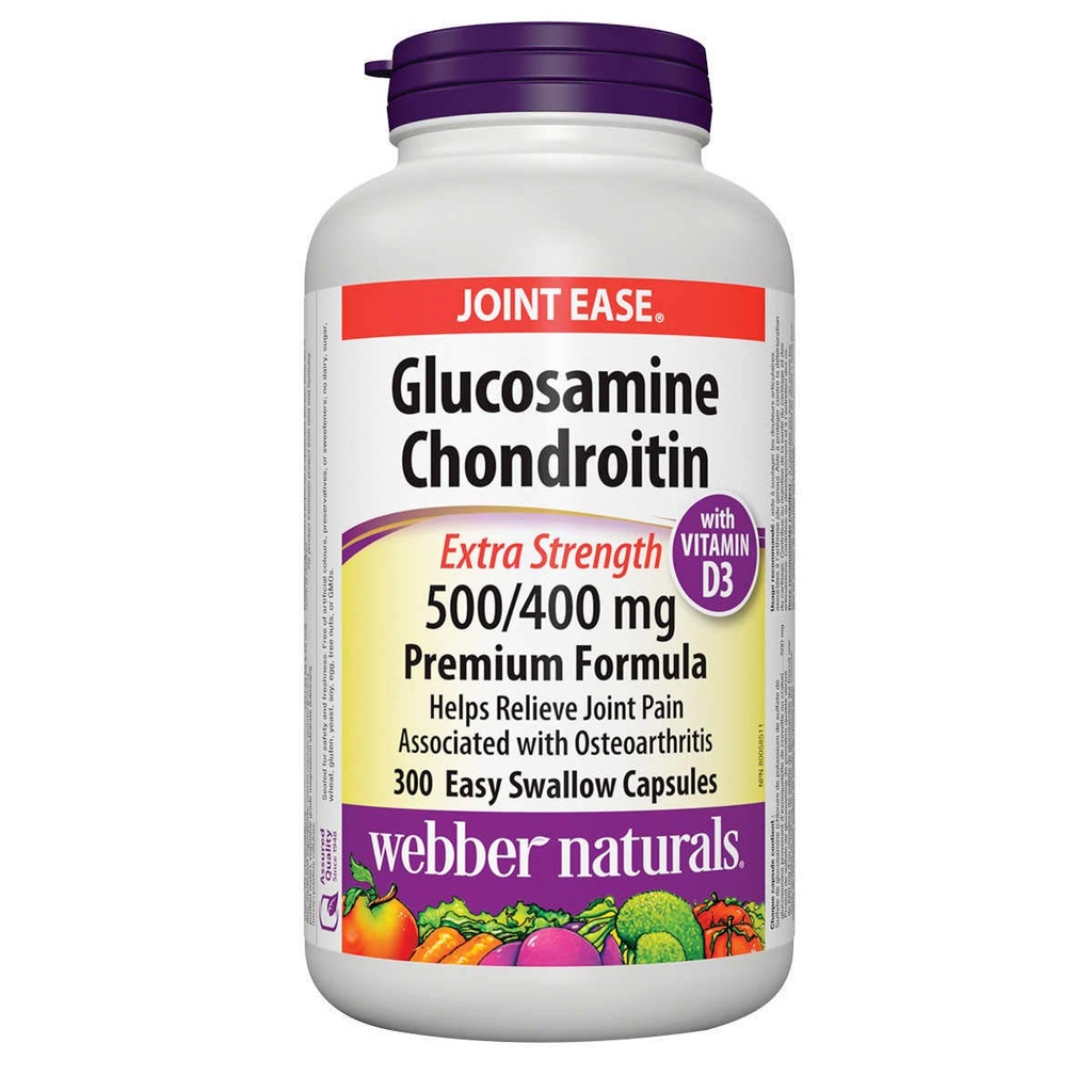 Webber Naturals Glukozamina Chondroitin z witaminą D3, dodatkowa moc, 500 / 400 mg, Formuła Premium, 300 Kapsułki łatwe do połykania