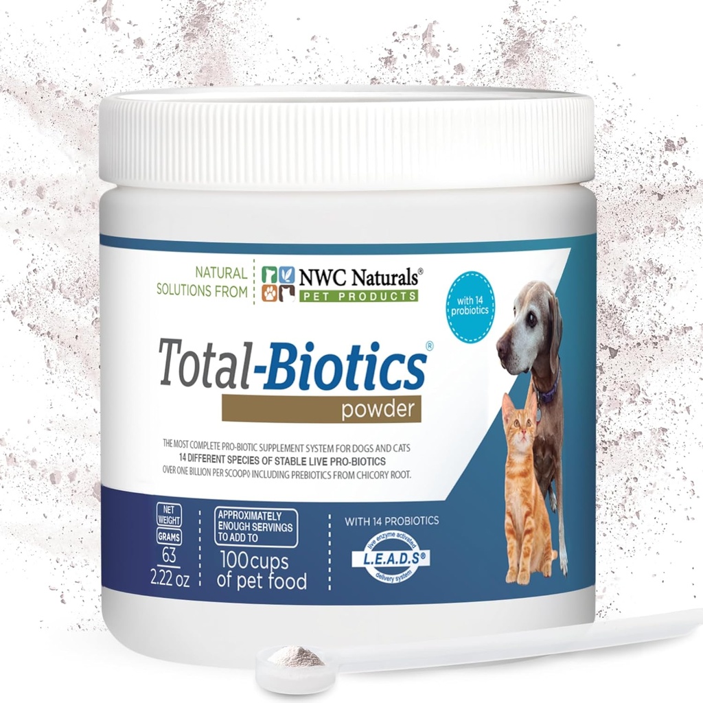 NWC Naturals Total- Biotics, Kot & Psy Probiotyki dla zdrowia trawiennego z prebiotykiem, Niezapalony Probiotyk dla psów i kotów, Suplement do Gut, Skóra, Płaszcz, Ulga żołądkowa, 100 Sługi, 2.22 Ounces