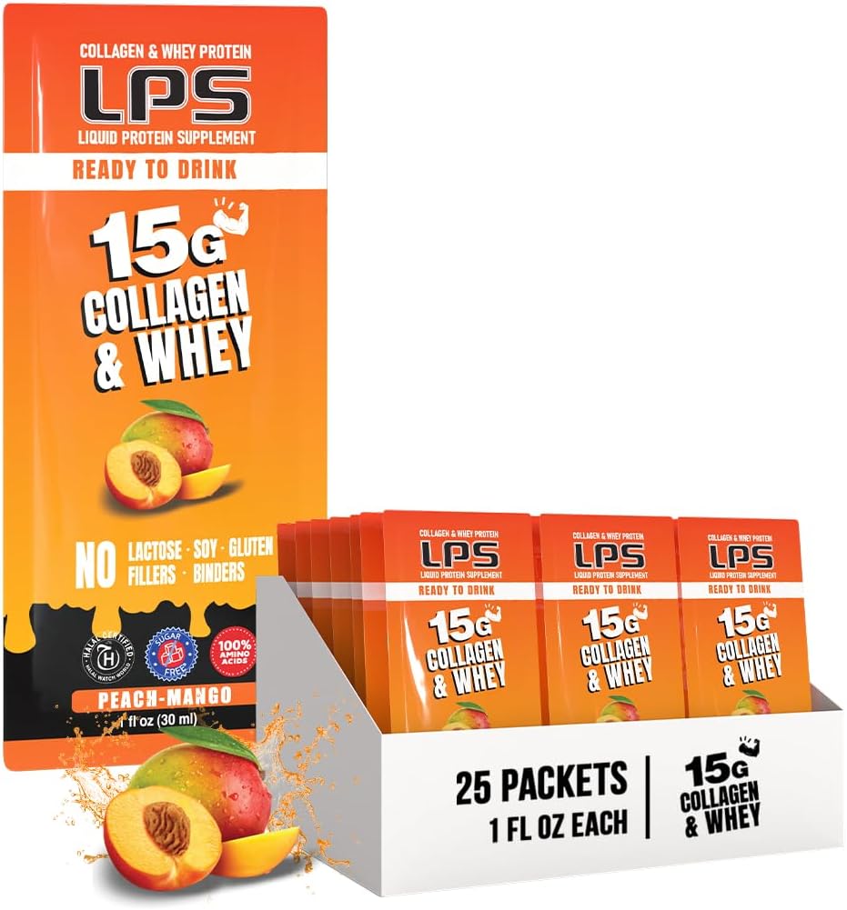 LPS Liquid Collagen & Serwatka suplement protein - Napoje niezawierające GMO, Bezcukrowe - Promotes Healthy Skin & Hair for Men & Women, Peach Mango, Single Serve (25 pakietów)
