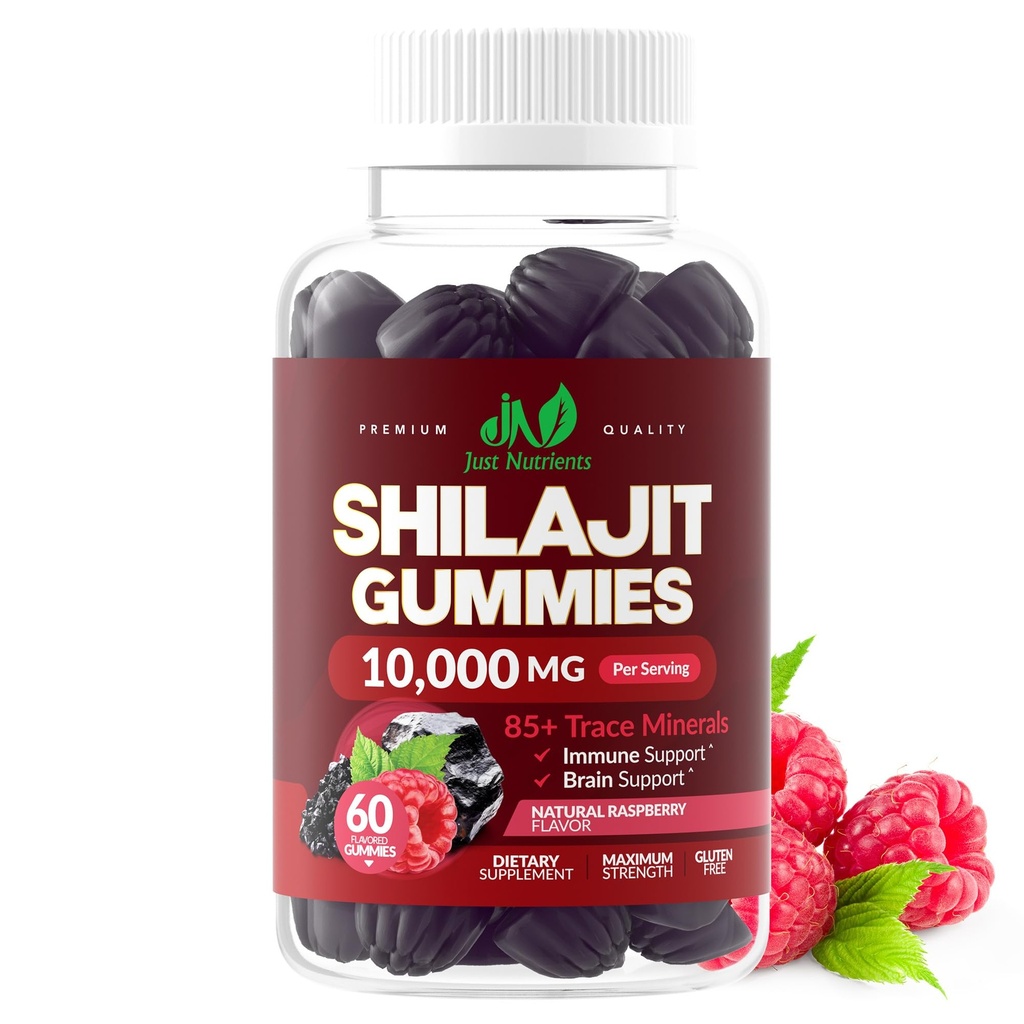 Shilajit Gummies 10,000 mg dla mężczyzn i kobiet - Maksymalna siła Czysty Himalayan Shilajit, Gluten- Free, Non-GMO, 100% wegetarianin - Naturalny aromat malinowy - 60 Count