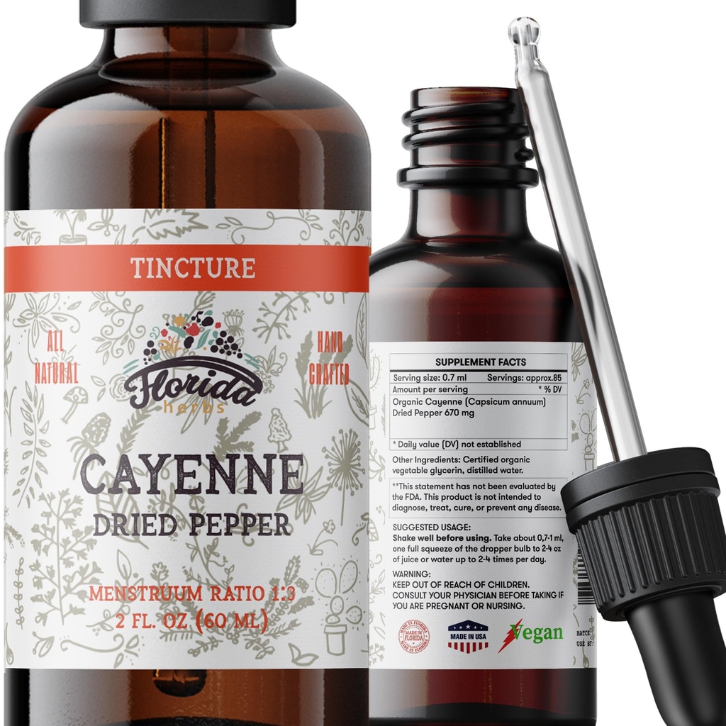 Cayenne Tincture Extract, Organic Cayenne (Capsicum annuum) Suszony pieprz - Glicerina roślinna - Non-GMO - 2 oz