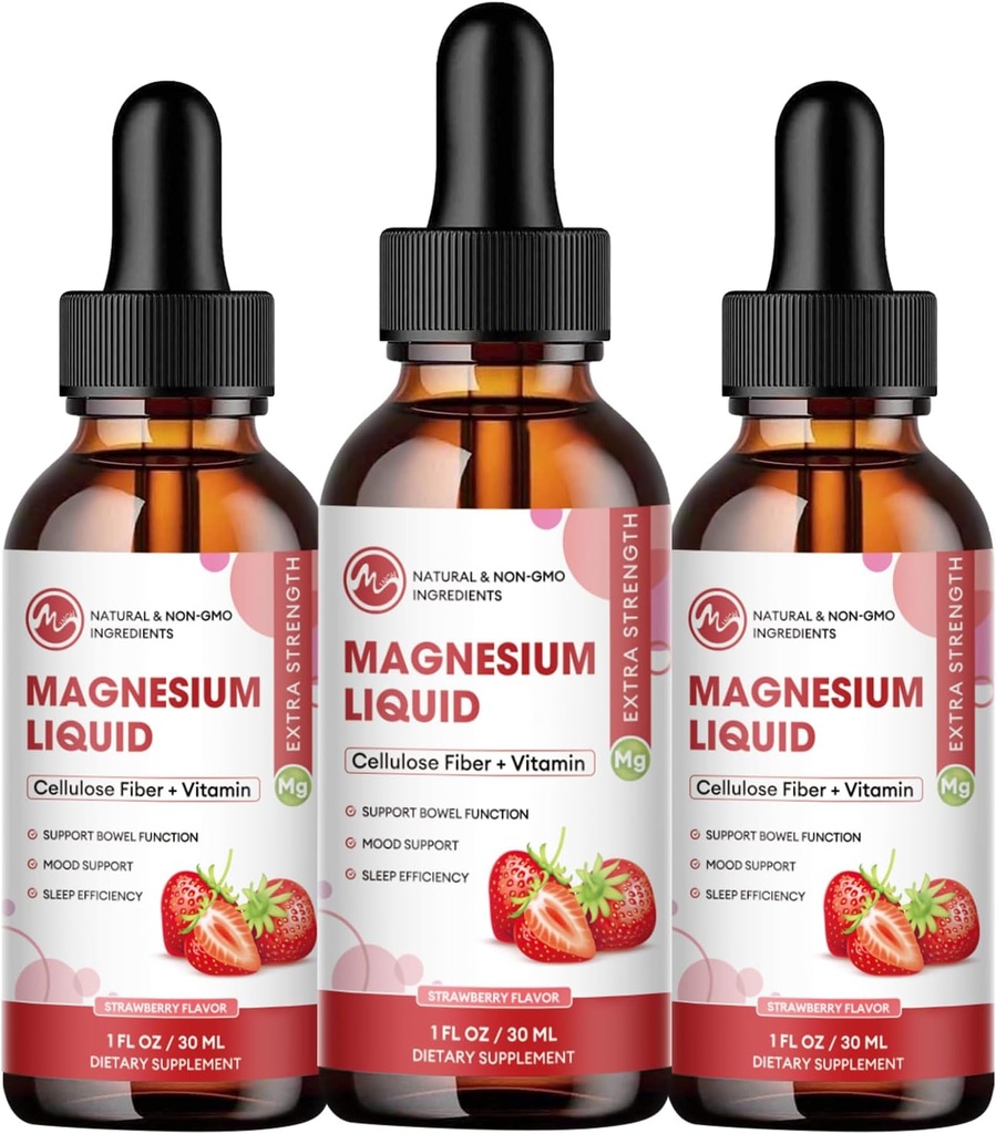 (3 opakowania) Magnezu Glicynian krople płynne, Wysoka Absorpcja Płyn magnezu z bromelainą, Witamina B6 C D, Suplement magnezu dla dzieci i dorosłych, Night & Support mięśni, Strawberry Flavor
