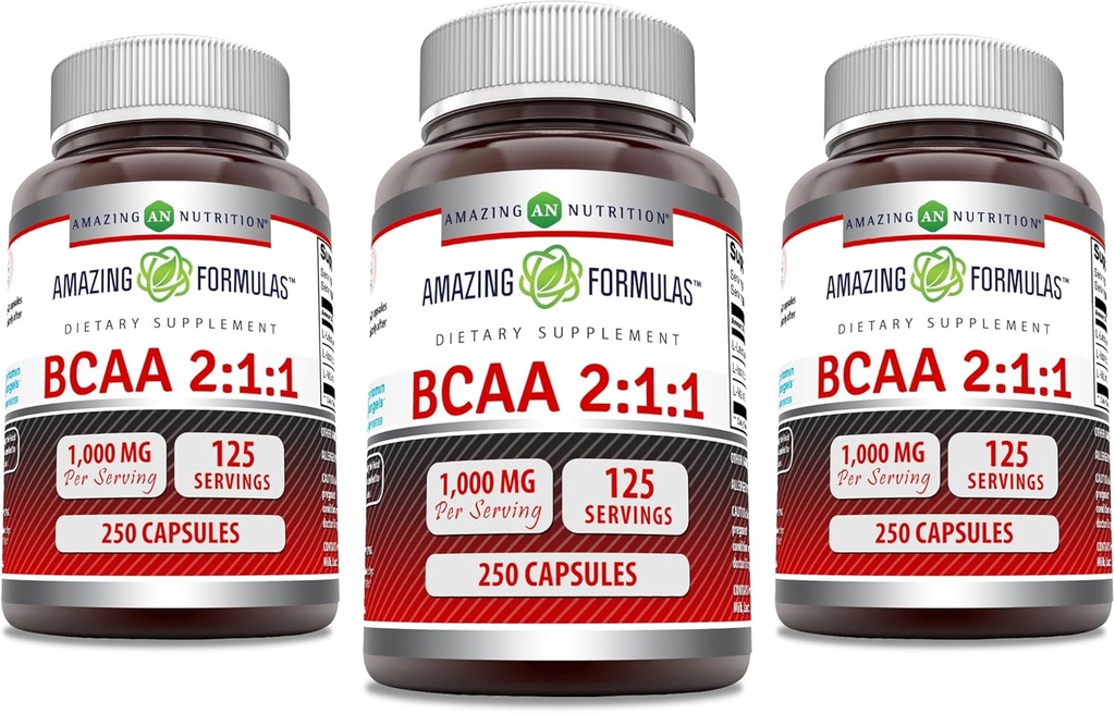 Amazing Formulas BCAA 2:1:1 1000 Mg Per Serving | Capsules | Branched Chain Amino Acids Supplement | Non-GMO | Gluten-Free | Made in USA (3 Pack, 250 Count)