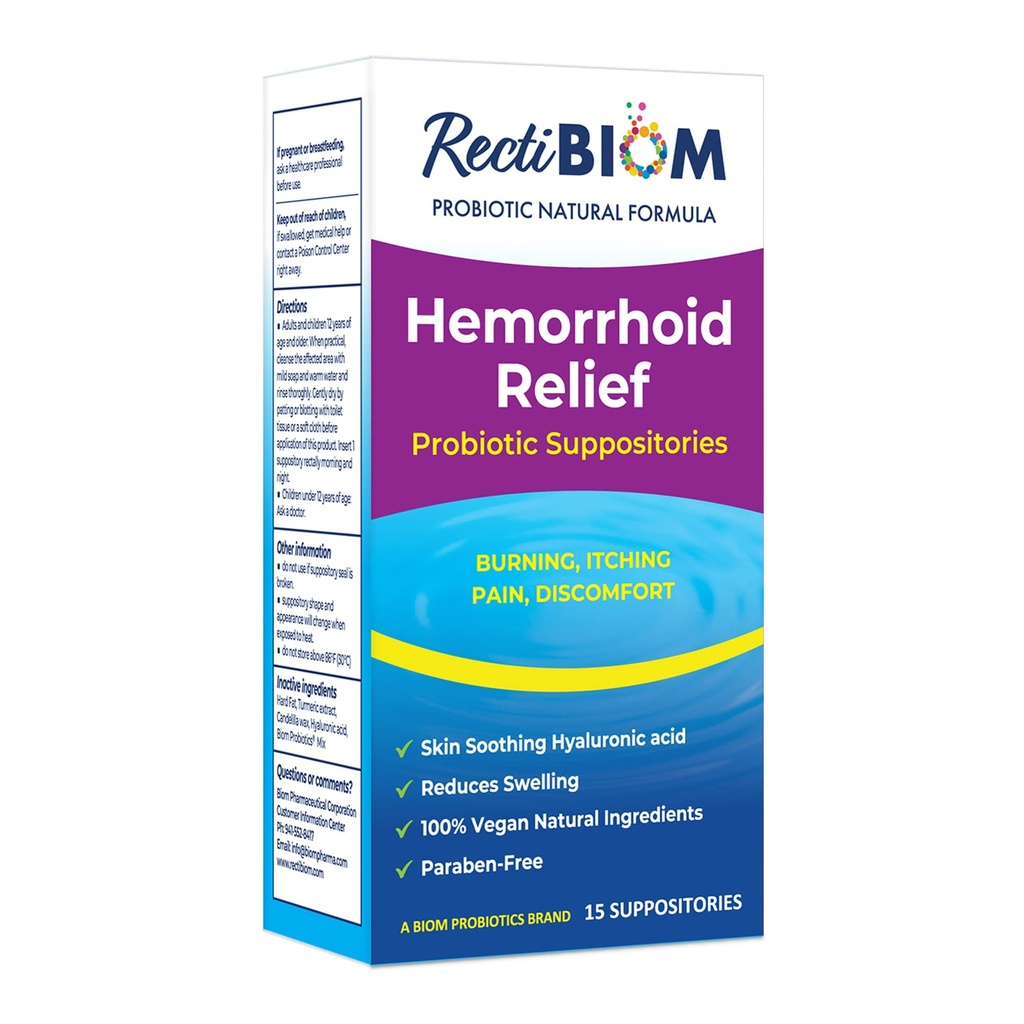RectiBiom Probiotic Hemorrhoid Relief Suppositories with Skin Soothing Natural Ingredients, Fast Relief. Ekstrakt kwasu hialuronowego i kurkumy, Wegan, Formulacja wolna od glutenu