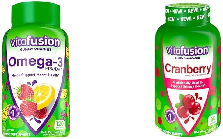 Vitafusion Omega-3 Heart Health Gumy Witaminy z żeberkami żurawinowymi dla kobiet, 120 Count Omega 3 EPA / DHA Berry Lemonade i 60 Count 500mg Cranberry Juice Concentrat per Serving