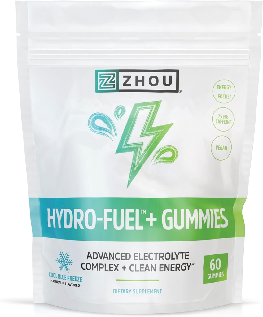 Zhou Nutrition Hydro- Fuel + Gumie - Gumie elektrolitowe do nawadniania, zaawansowane żucia z kompleksem elektrolitów i 75 mg kofeiny do czystej energii, suplement do nawadniania - 60 wegetariańskich żuć