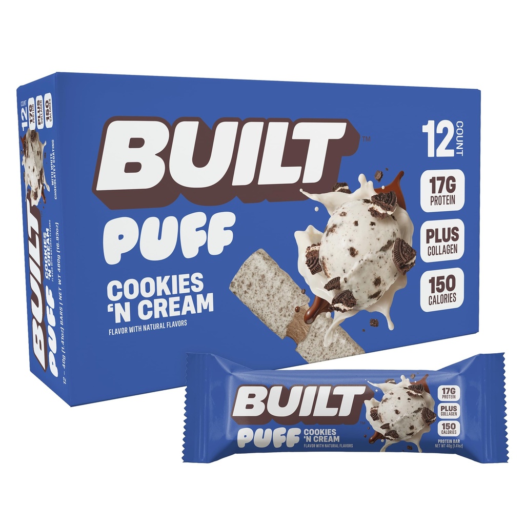Built Bar, Puff Protein Bars, Cookies 'N Cream Puff, 17 g Protein Snacks, On- The- Bary, Tylko 140 Calories, 7g Sugar, Collagen, Nie Gluten Free, 12 Count
