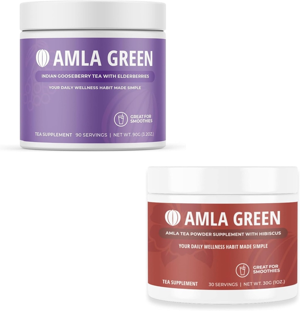 Amla Powder & Green Tea Superfood Supplement, Wsparcie przeciwutleniające, Made with Elderberries (90 Servings) & Hibiscus (30 Servings), Organic, Wegan