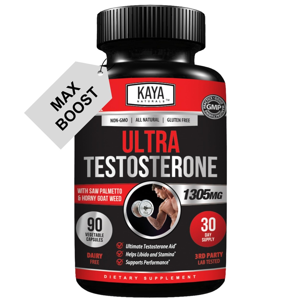 Kaya Naturals Ultra Testosteron - Men 's Testosteron Booster z Tongkat Ali, Horny Goat Weed, Tribulus - Natural Workout Supplement for Energy, Stamina, and Strength Booster - 90 Count