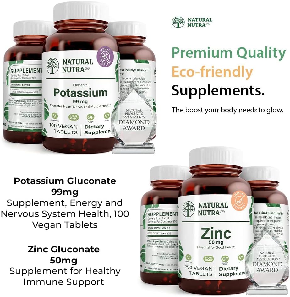 Naturalny Glukonian potasu Nutra 99 mg i Glukonian cynku 50 mg Suplementy pomaga utrzymać odporność i poziom energii, Bez glutenu, Zasadnicze dla dobrego zdrowia.