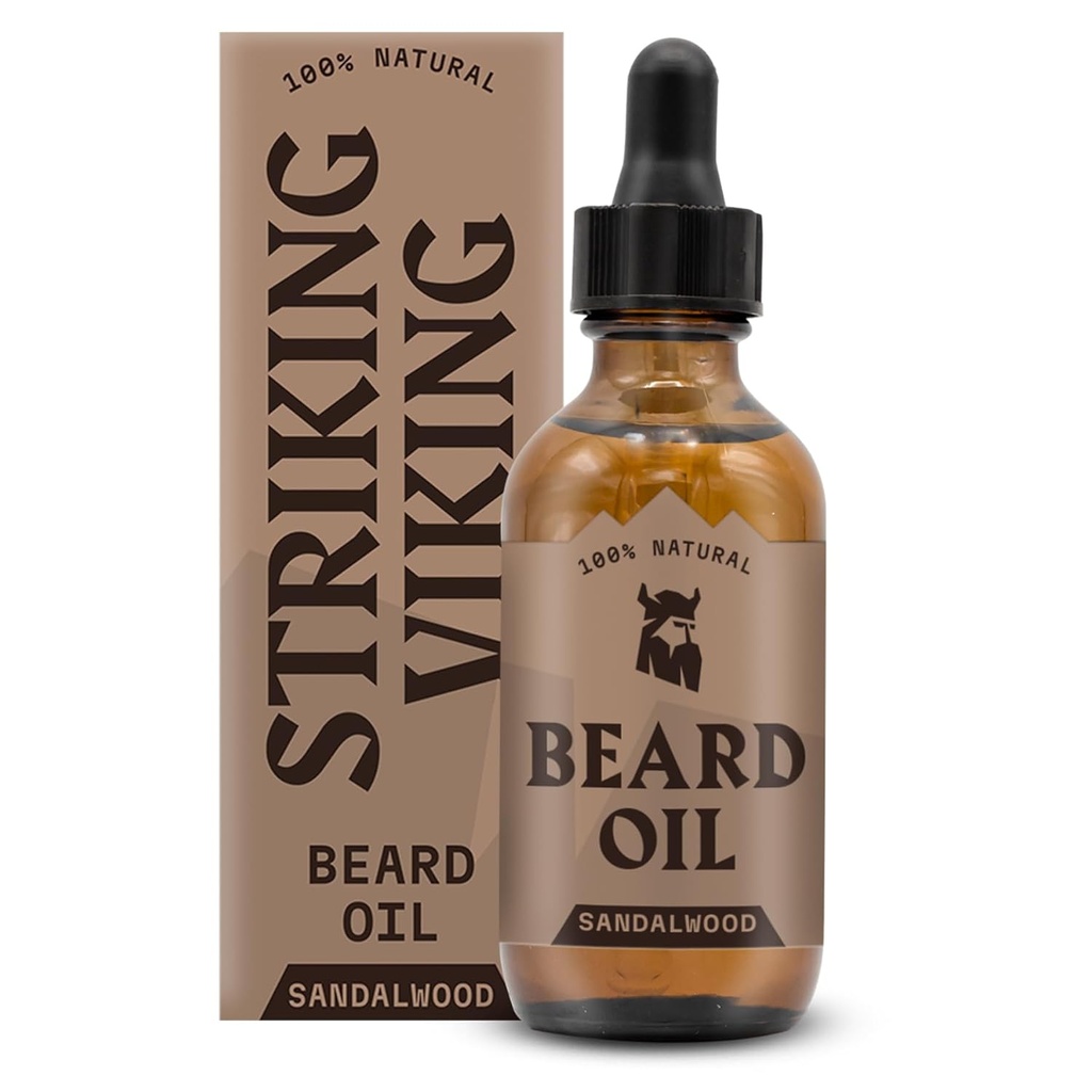 Striking Viking Sandalwood Beard Oil for Men - 2 Fl Oz, Sandalwood Scent - Naturalne Hydrating & Softening Beard Care z Argan, Jojoba, Almond & Tea Tree - Non-Greasy, Fast- Absorbing Formuła