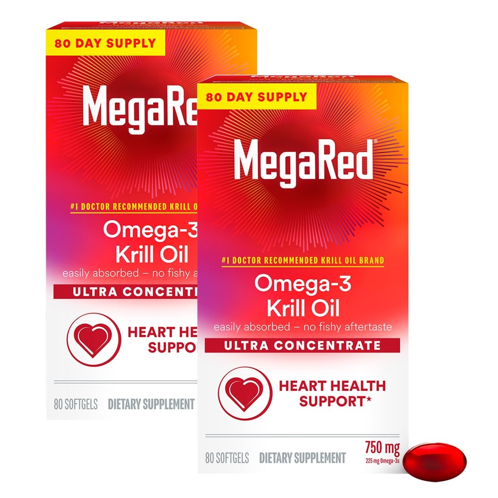 MegaRed Ultra Concentrate 750mg Omega-3 Krill Oil Fatty Acid Supplement with EPA/DHA, Antioxidant Astaxanthin, No Fish Oil Aftertaste Supports Heart Health, 80 Count Softgels (2 Pack)