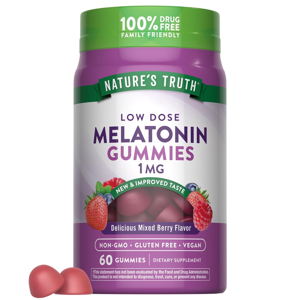 Nature 's Truth Melatonin Gummies' s 124; 1 mg '124; 60 Count' s 124; Cherry Pomegranate Flavor 's 124; Vegan, Non- GMO & Gluten Free Supplement