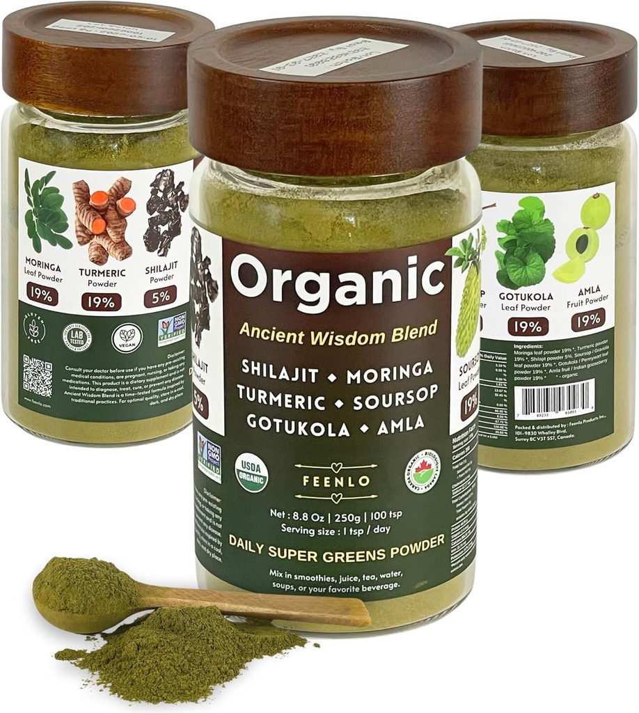 Organic Non-GMO Moringa, Shilajit, Turmeric, Soursop, Gotukola, i Amla Green Juice Mieszanka w proszku, 3- Miesiąc dostaw