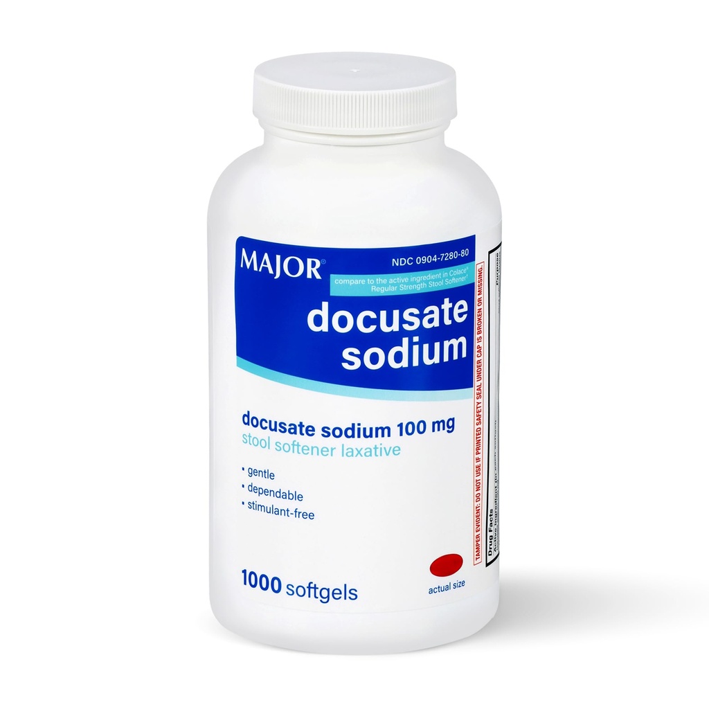 Docusate MAJOR Sodu 100mg, Stool Softener Laxative dla sporadycznych zaparcia Relief - Delikatny, Oddzielny, Stymulant- Free, 1000 Softgels