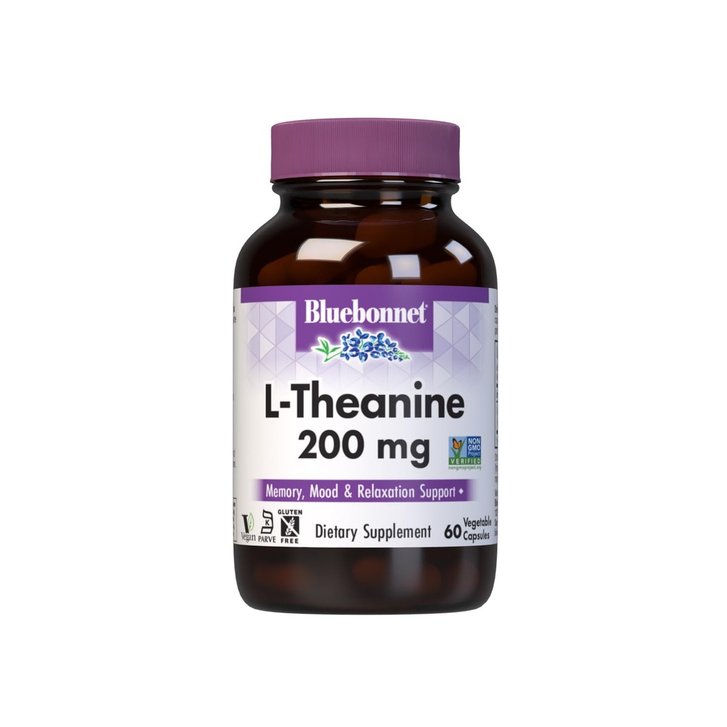Bluebonnet Nutrition L- Theanine 200mg, Free- Form Amino Acid, Promotes Relaxation *, Soy- Free, Gluten- Free, Non-GMO, Kosher Certified, Vegan, 60 Kapsułki warzyw, 60 Służenie