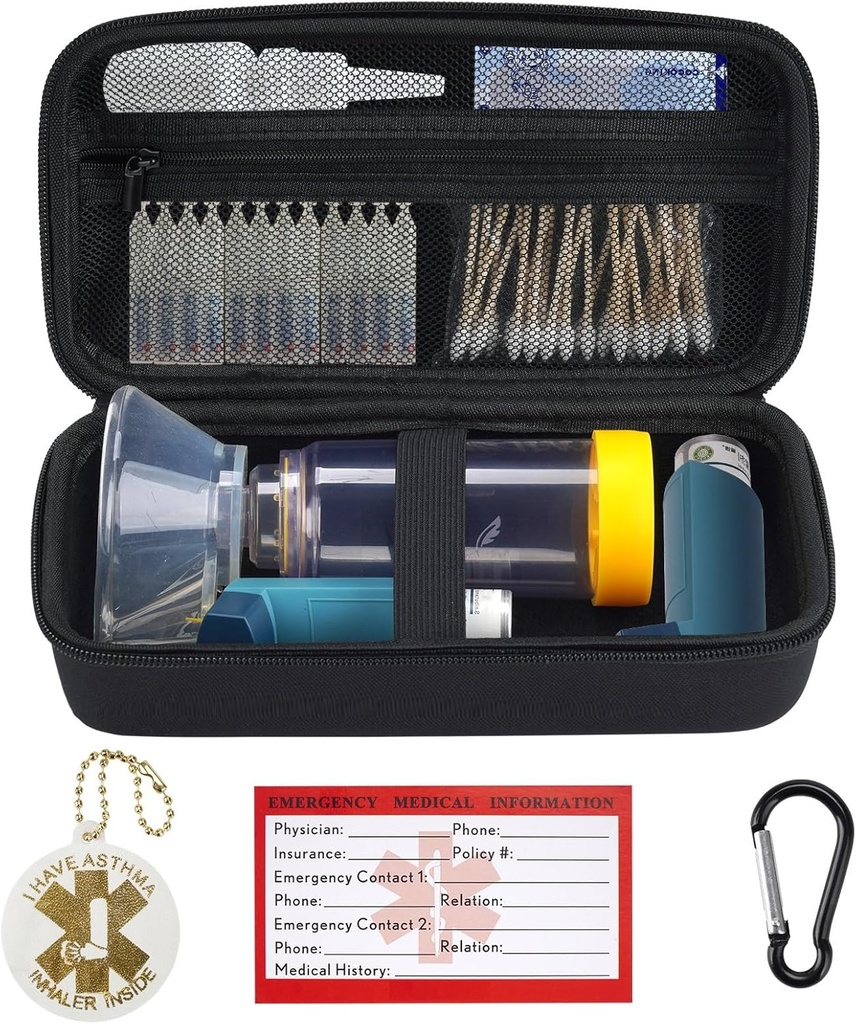 You Know Travel Carring Case for Asthma Inhaler, Inhaler Spacer dla dorosłych i dzieci, Mask, Inhaler Holder z Asthma Ostrzeżenie Etykieta i karta medyczna, z Carabiner (tylko przypadku) (Czarny)