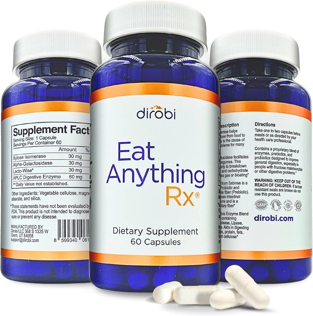 Dirobi Eat Anything Xylose Isomeraza Fruktoza Nieprawidłowe wchłanianie Enzymy, Suplement FODMAP, Enzymy trawienne dla Lepszej Laktozy, Tłuszcz, Białko i Karbohydrat Gaz i Bloating Relief 60 Kapsułki