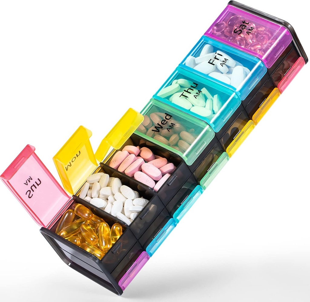 2 razy dziennie - Betife 7 dzień Pill Box, AM PM Pill Case z podwójną warstwą Jumbo Kompleks do pigułek, Witamina, Olej rybny, Suplementy (Rainbow)