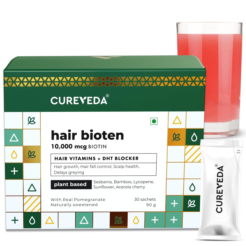 Cureveda Curveda Grow Plant Na bazie Biotin 10000 Mcg Proszek Suplement dla Unisex, Korzyści zdrowej skóry głowy i wzrost włosów, Nie dodano cukru, Naturalny Granat Flavour 150 g (Pack of 1) Grow-1