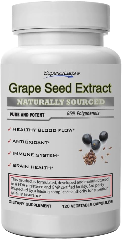 Superior Labs Grape Seed Extract, 400mg, 120 Kapsułki roślinne, 95% Polifenole, Wysoka zawartość przeciwutleniaczy, Zdrowy przepływ krwi, Wspiera system immunologiczny i zdrowie mózgu