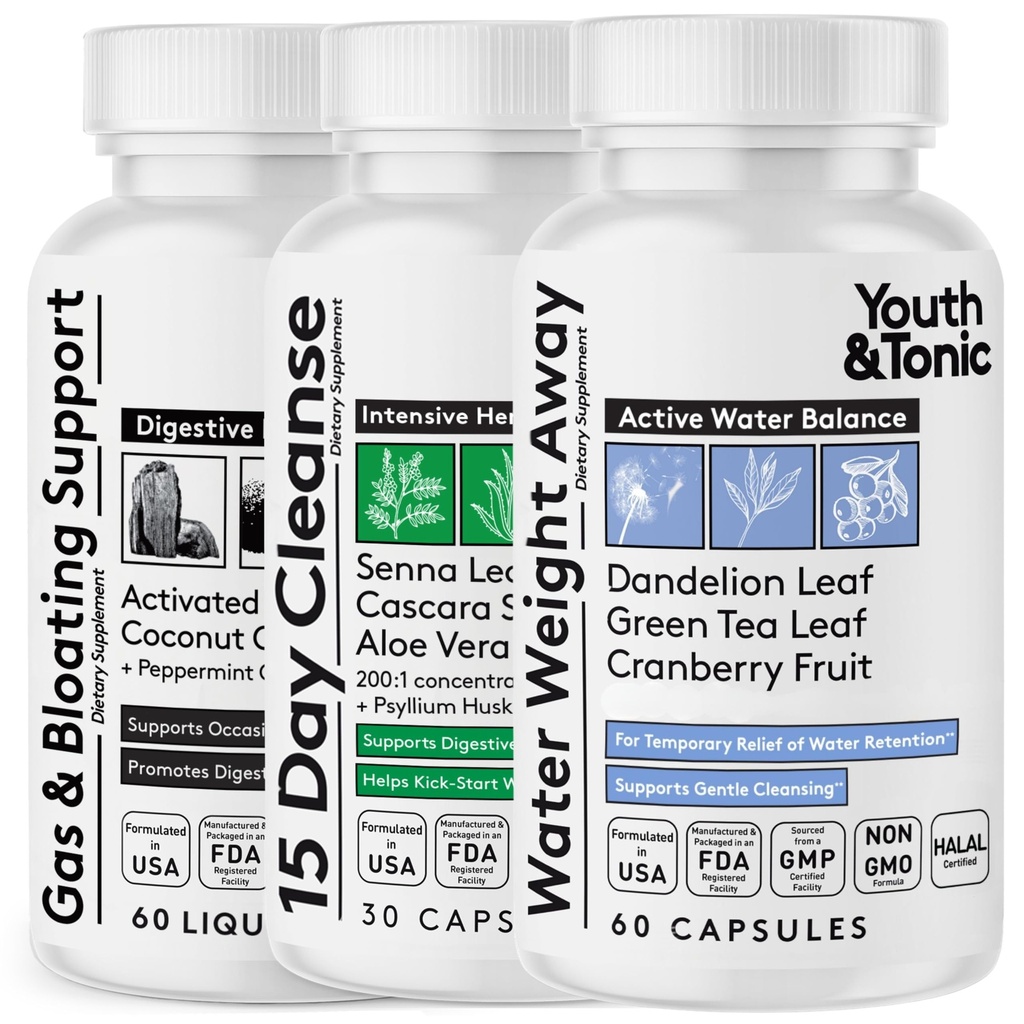 Młodzież & Tonic 3X Pigułki wzdęcia brzucha dla Puffiness, Debloat wody, Stomach, Gut & Colon Cleanse Detox 124; z ciekłym aktywowanym węglem węglowym, Kokos & Olej miętowy, Senna Leaf & More
