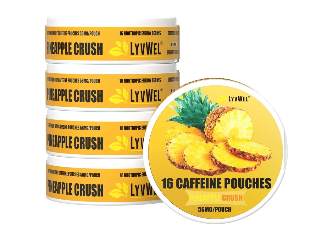 LyvWel 56mg Kofeina Pouches Energy - Ananas - Czysta energia i Focus Boost z Guarana - 5- Pack z 16 Pouches per Can (80 Razem Pouches)