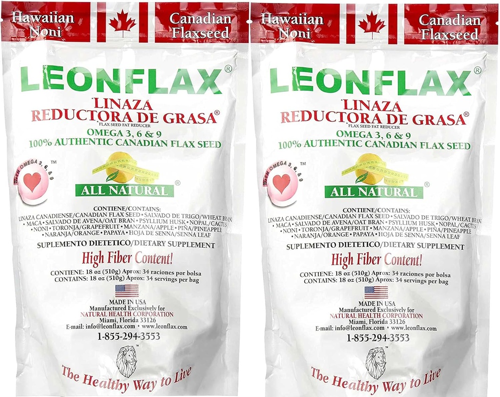 Leonlen 100% Autentyczny Canadian Flax Seed Powder, Wszystkie naturalne, Wysoka zawartość błonnika, Suplement diety, aby poprawić swoje zdrowie pokarmowe, Omega 3, 6 & 9, 18 Oz, Bag (1) (2)