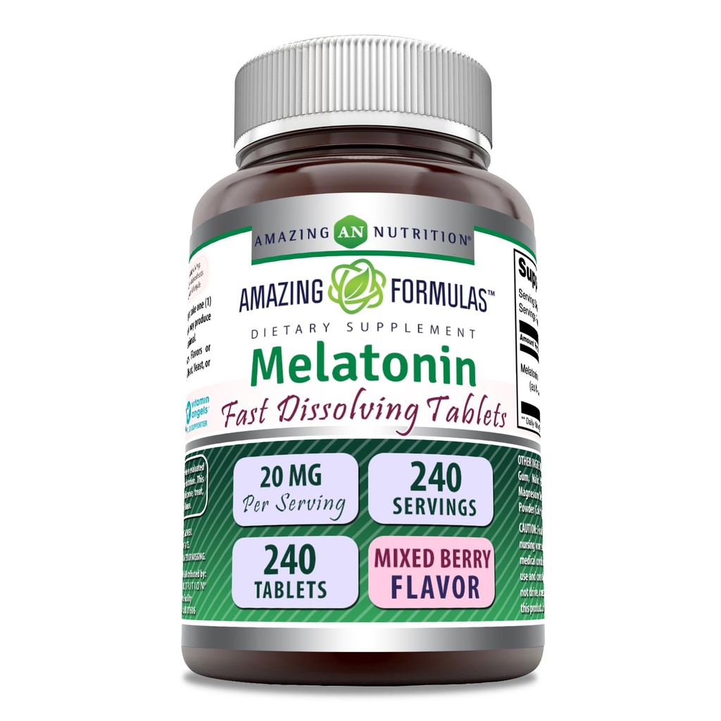 Amazing Melatonin Fast Disoluting Supplement Agregat 124; Mixed Berry Flavor Agregat 124; 20 Mg Per Serving Agregat 124; 240 Tablets Agregat 124; Non-GMO Agregat 124; gluten- Free Agregat 124; Made in USA
