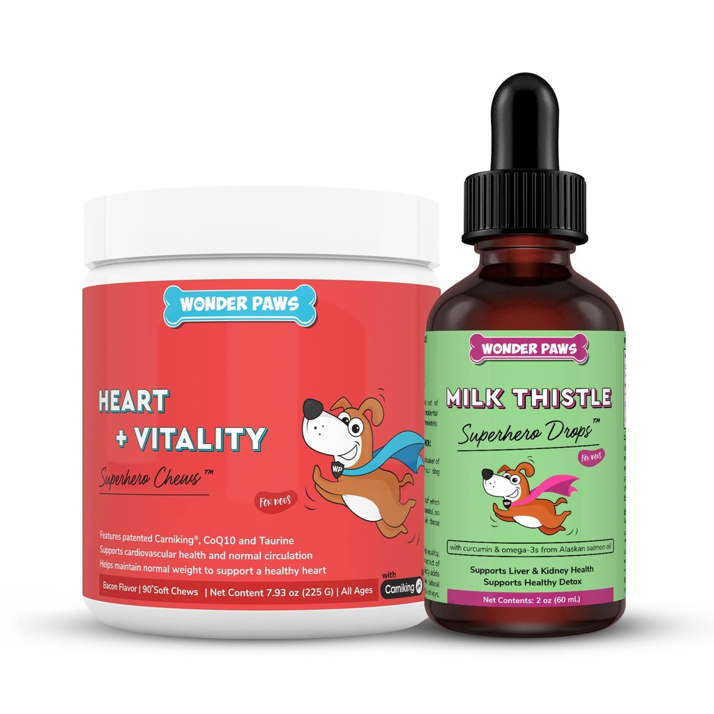WONDER PAWS Heart + Vitality Superhero Chews Plus Milk Thistle Drops - for Dogs Heart Health, Circulation, Wątroba & Wsparcie immunologiczne - Heart + Vitality 90 Chews - Milk Thistle Drops 2 Ounces