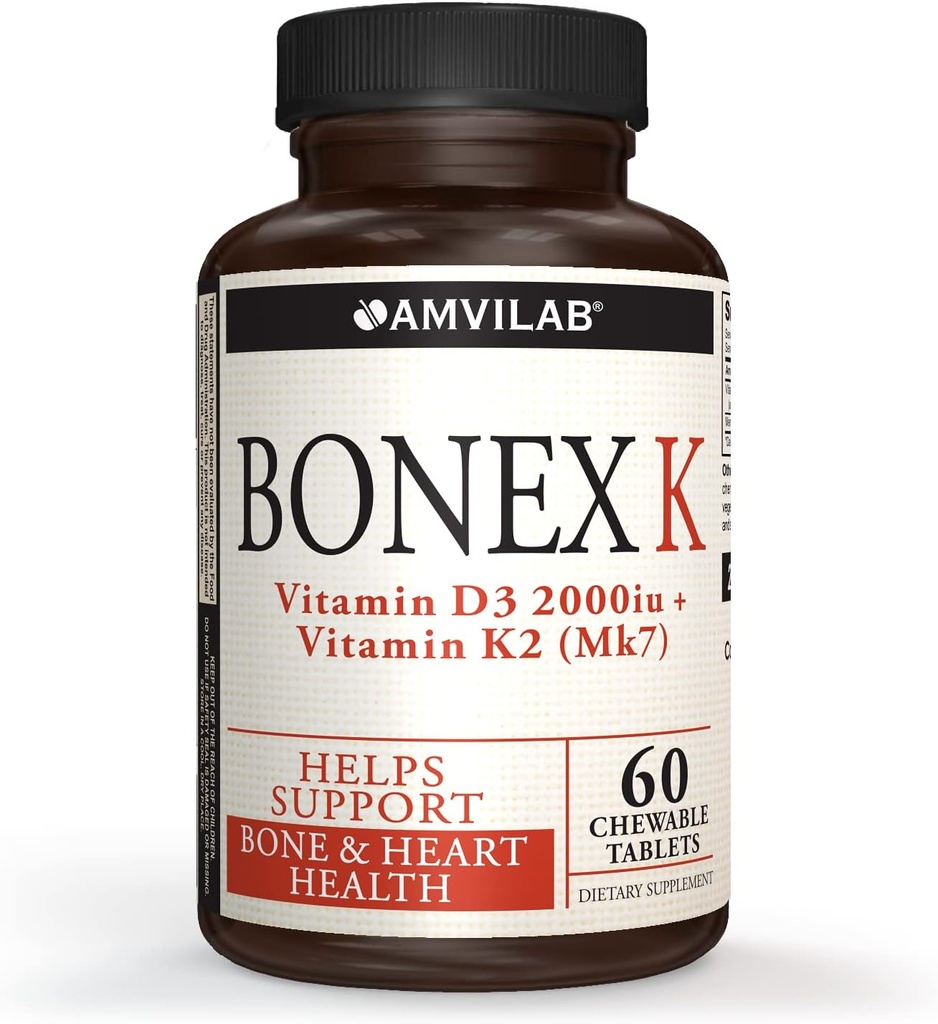 Bonex K Supplement ETAP 124; Witamina D & K Complex ETAP 124; Wspomaga Heart, Bones & Teeth Health ETAP 124; 2000IU Witamina D3 & 75mcg Witamina K2 ETAP 124; Nie-GMO ETAP 124; Małe i łatwe do połknięcia tabletki 124; 60 Day Supply Chewable