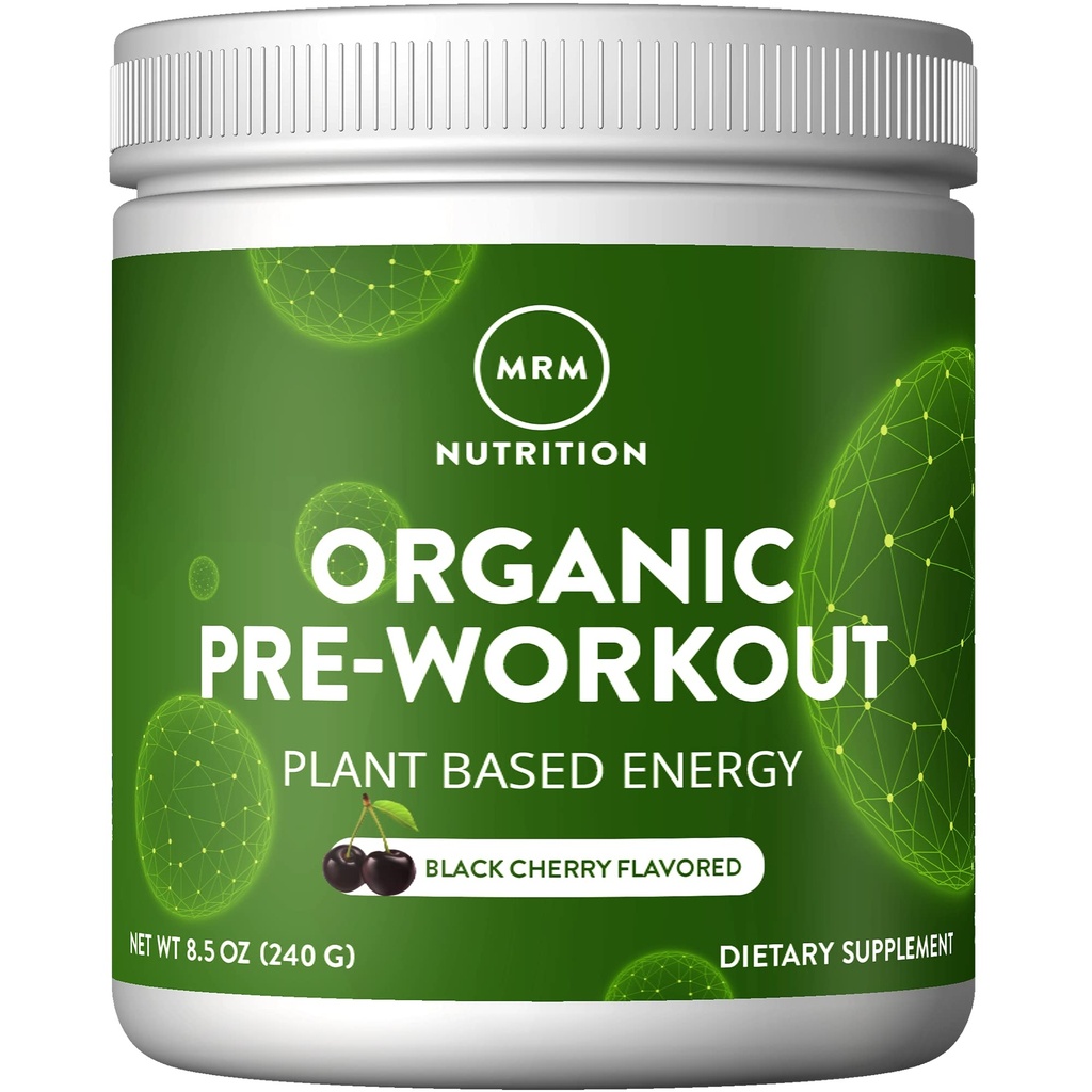 MRM Nutrition Organic Pre- Workout Powder - Kobiety i Mężczyźni, 150 mg naturalnej kofeiny i adaptogenów, czystej energii, Focus & Blood Flow, Wegan, Certified Organic, Non-GMO - 20 Sług, Black Cherry Flavor