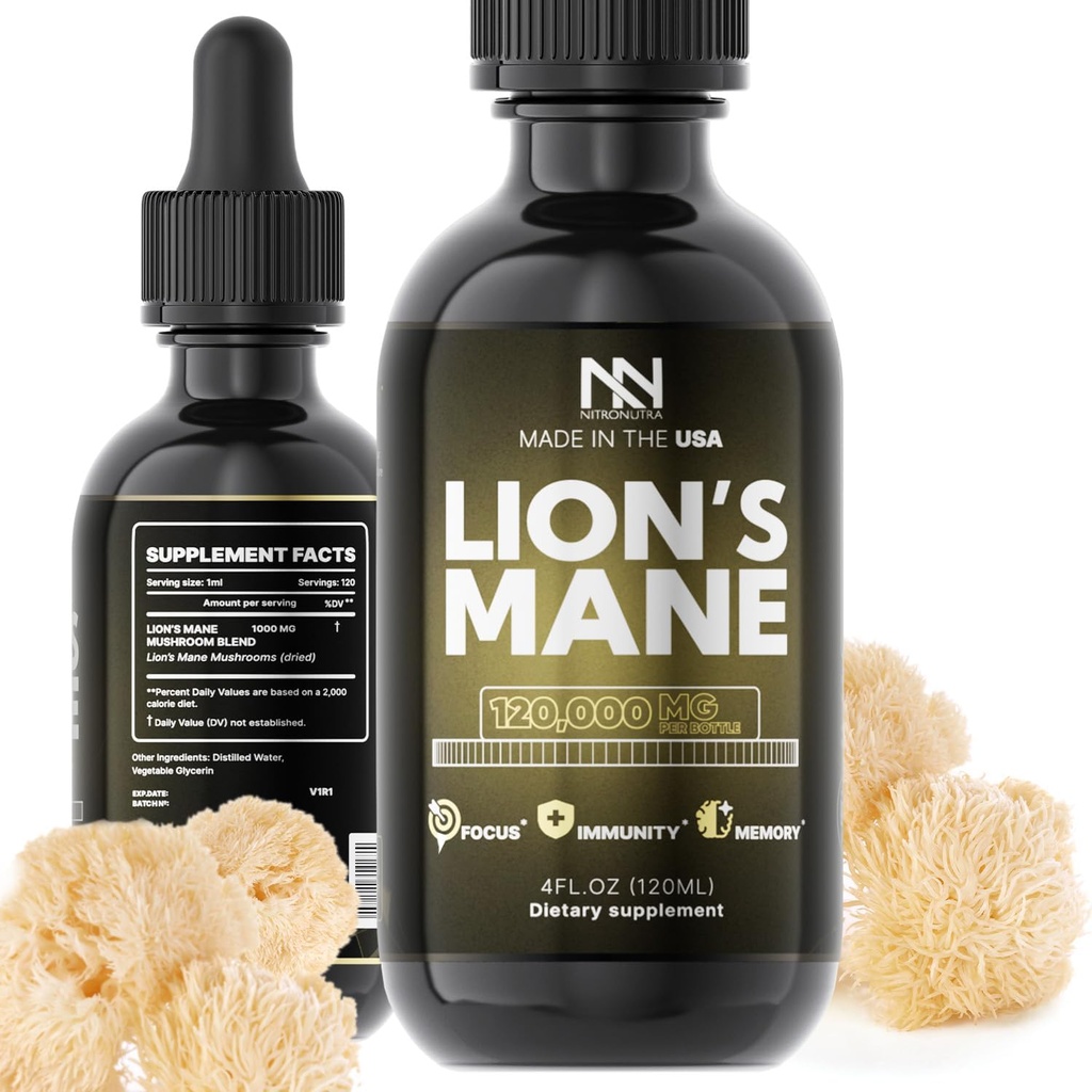 Lions Mane Mushroom Supplement - Ekstrakt Organic Lions Mane for Brain Health, Memory, Focus & Immune Support - Nootropowe Wegan Liquid Tincture - Made in USA - 4 Fl Oz
